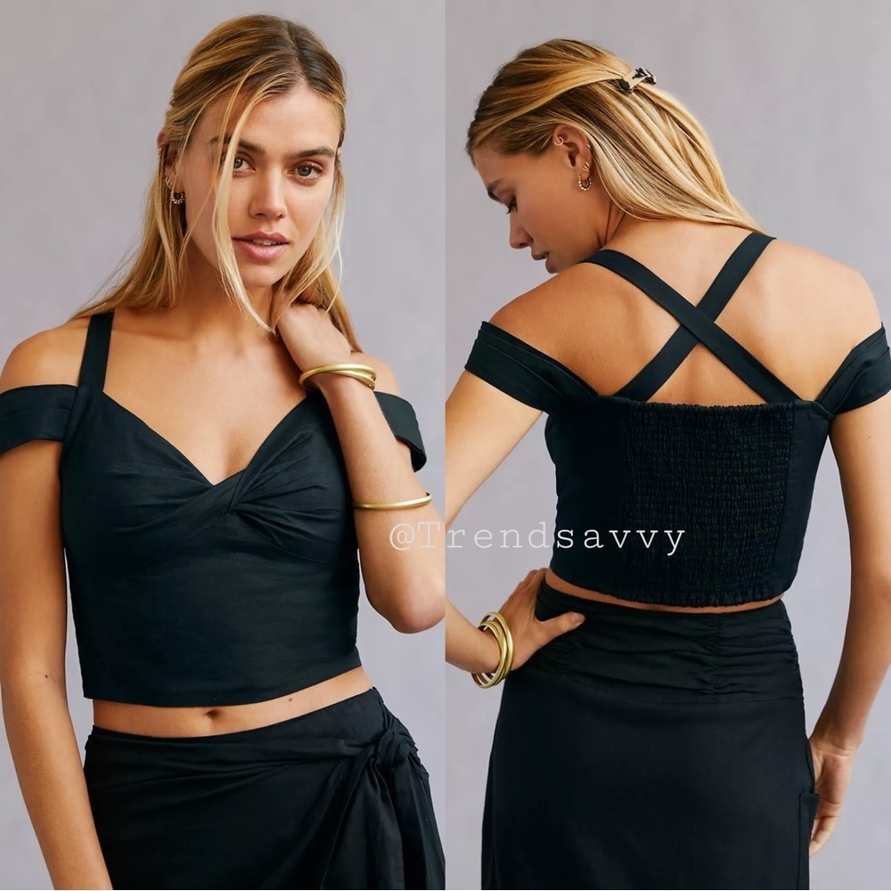 Anthropologie Maeve Black Off Shoulder Twist Crop Top Smocked Small NWT - Picture 1 of 7